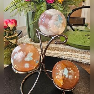 Trio of Flower Agate Crystal Spheres With Stand As Shown